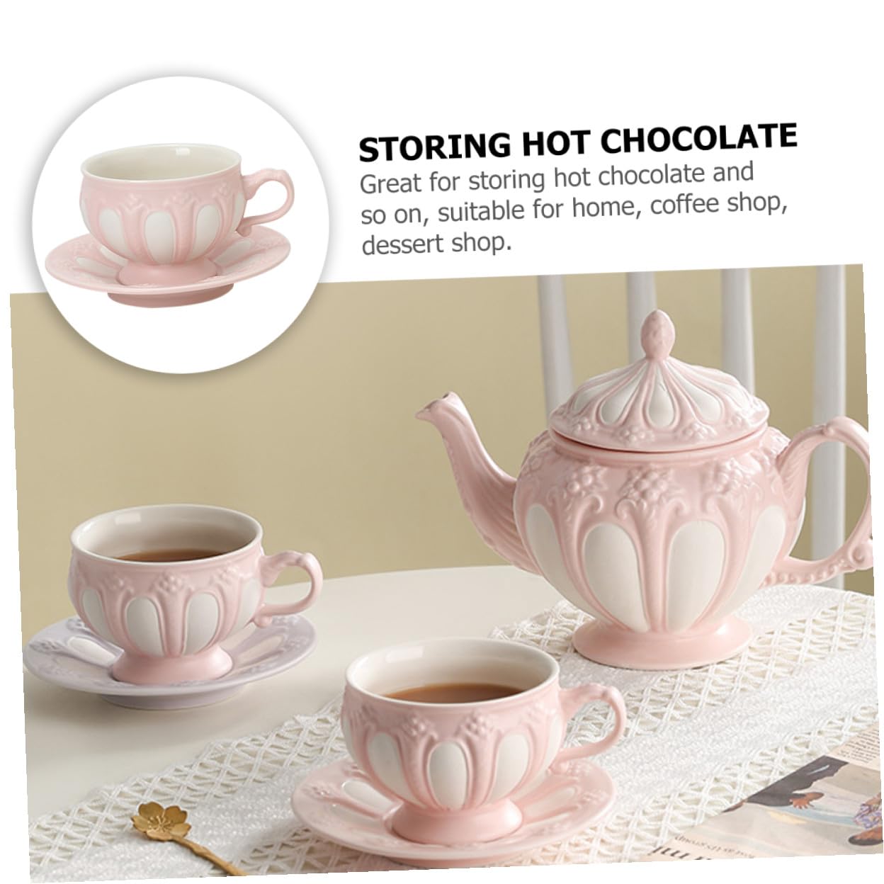 Kaffeetassen Satz 1 Satz Keramik Rosa mit Untertasse, Reliefdesign