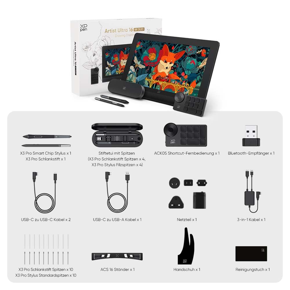 XPPen Artist Ultra 16 Grafiktablett mit Display für PC - 15,6 Zoll OLED 4K