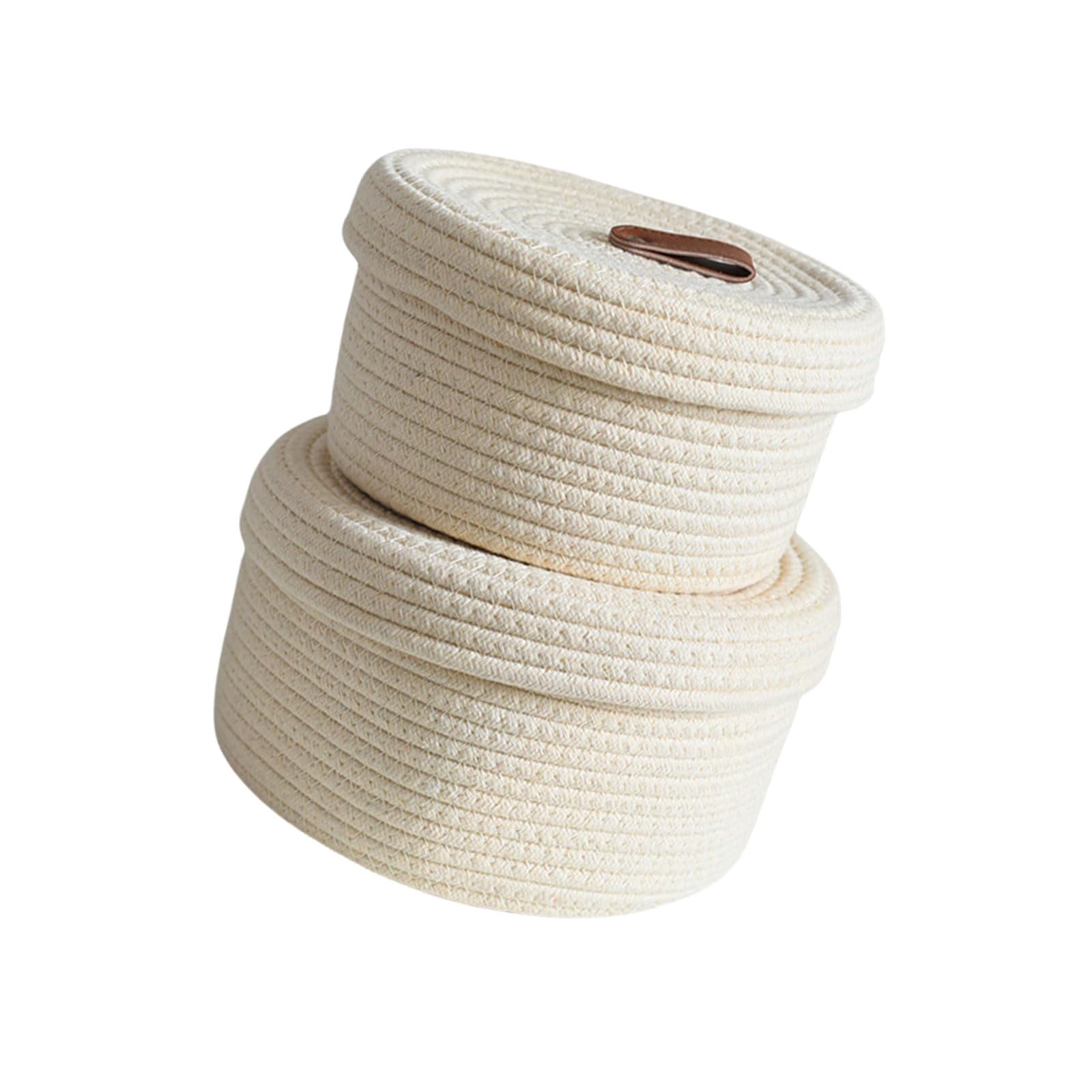 Paquete de 2 cestas de almacenamiento de cuerda de algodón resistentes con tapa para organizar llaves de cuerda y juguetes en elegantes diseños de color para sala de estar