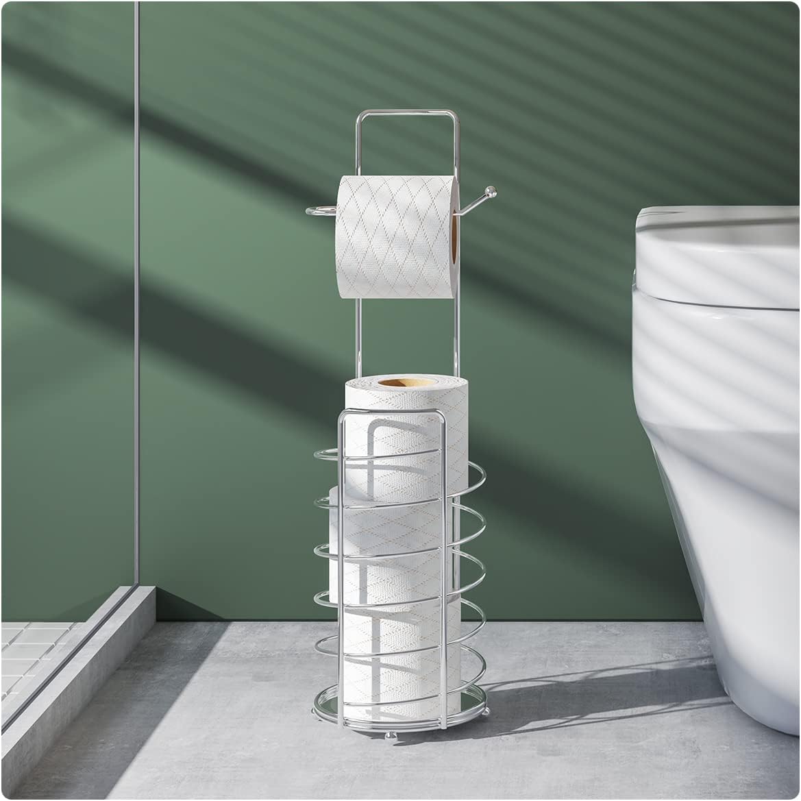 Eviva Chrome Toilet Paper Holder Stand - Toilet Paper Holder with Storage - Modern Toilet Paper Stand Accent Piece - Stand Alone Toilet Paper Roll Holder - 4 Roll Tissue Holder for Bathroom