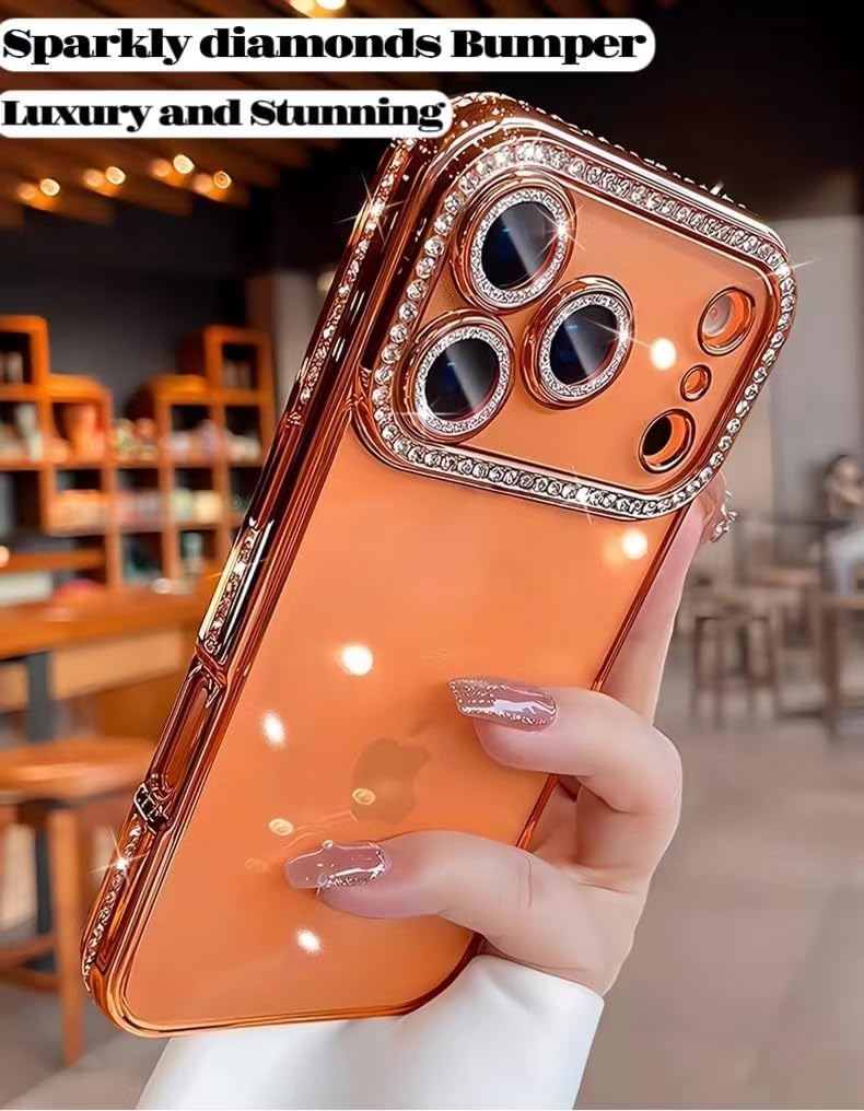 for iPhone 17 Pro Max Case Clear Glitter, Orange, Cute Luxury 3D Sparkly Bling Diamond Rhinestone Camera Lens Protector Soft Plating TPU Bumper Transparent Women Girls Phone Case for iPhone 17 Pro Max