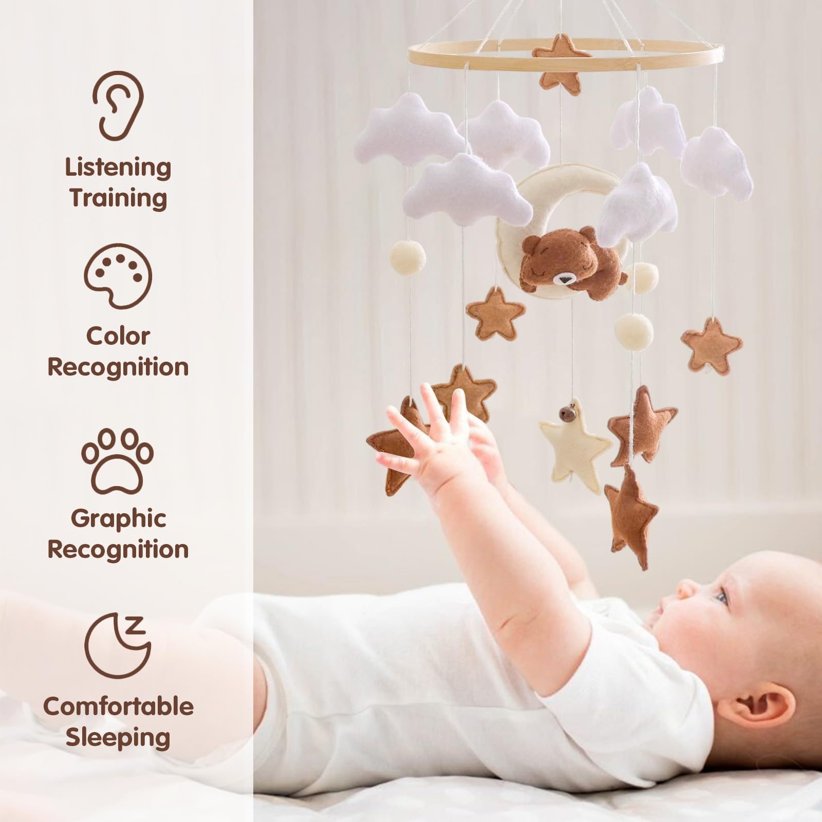 Mobile lit bébé, Mobile Bébé Bois avec Ours Etoiles Nuages Lune Cloches, Bois Berceau Bébé Jouet, Carillon Mobile, Chambre de Bébé Cloche de Lit, Cadeaux Naissance pour Bébés Filles Garçons (Marron)