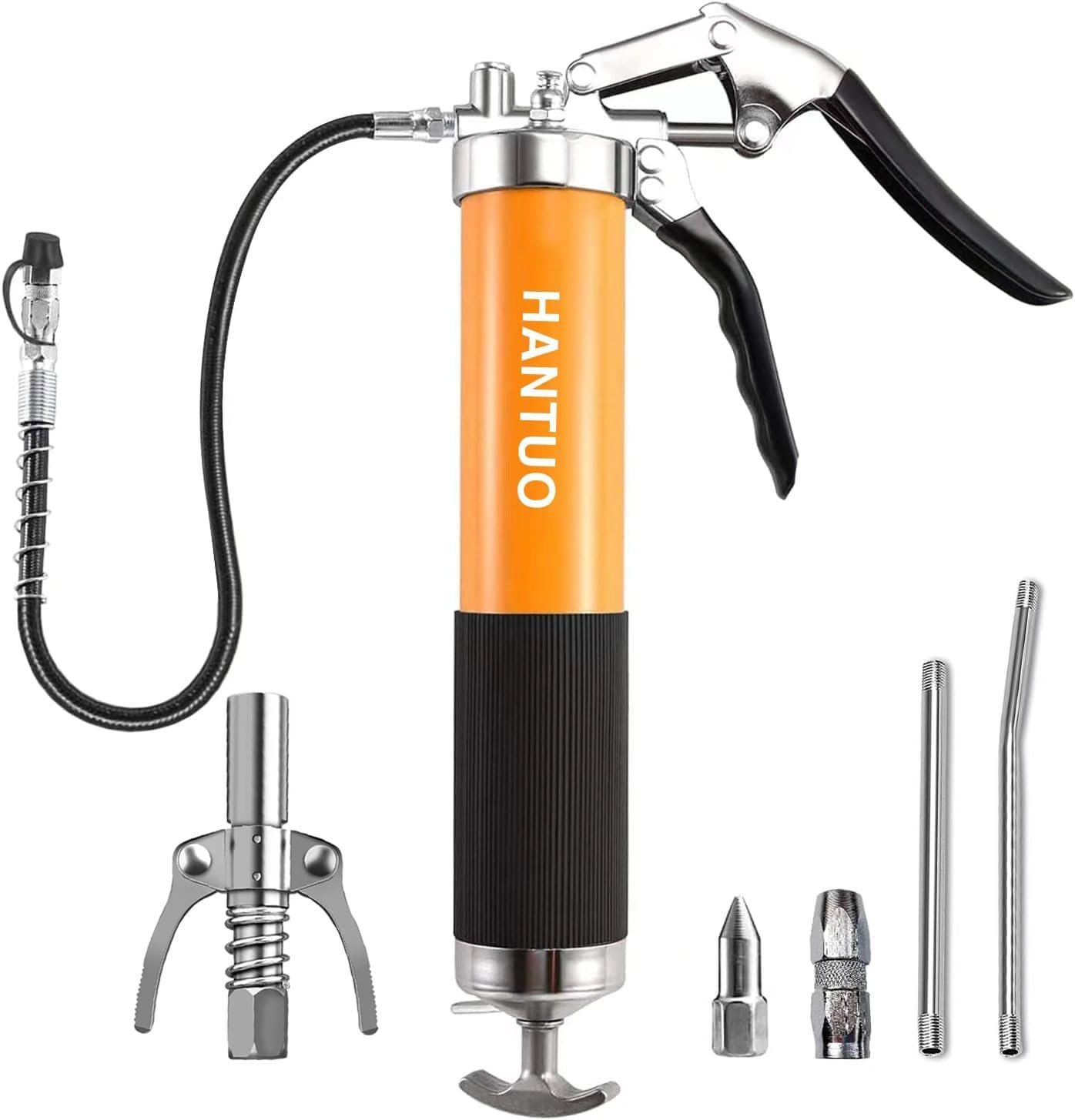 Grease Gun with Quick Release Coupler, 8000 PSI Heavy Duty Pistol Grip Grease Gun Kit, 14 oz Load, 18 Inch Spring Flex Hose, 2 Grease Couplers, 2 Extension Rigid Pipes and 1 Sharp Easy Operation