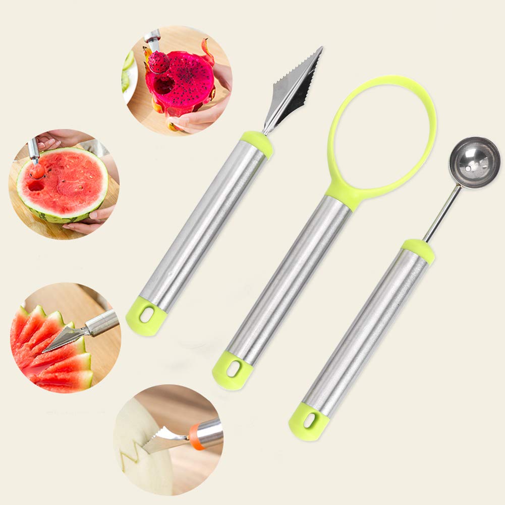 3pcs Melon Baller Scoop Set, Stainless Steel Watermelon Cutter Multi Function Watermelon Scooper Fruit Scooper Seed Remover Cutter Fruit Carving Tools Set
