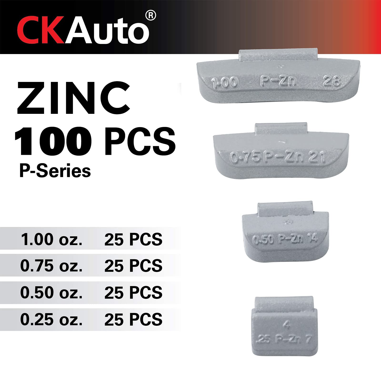 CKAuto 100Pcs P Type Zinc Clip on Wheel Weights Assortment, 0.25oz, 0.5oz, 0.75oz, 1.0oz, 25pcs for Each Style