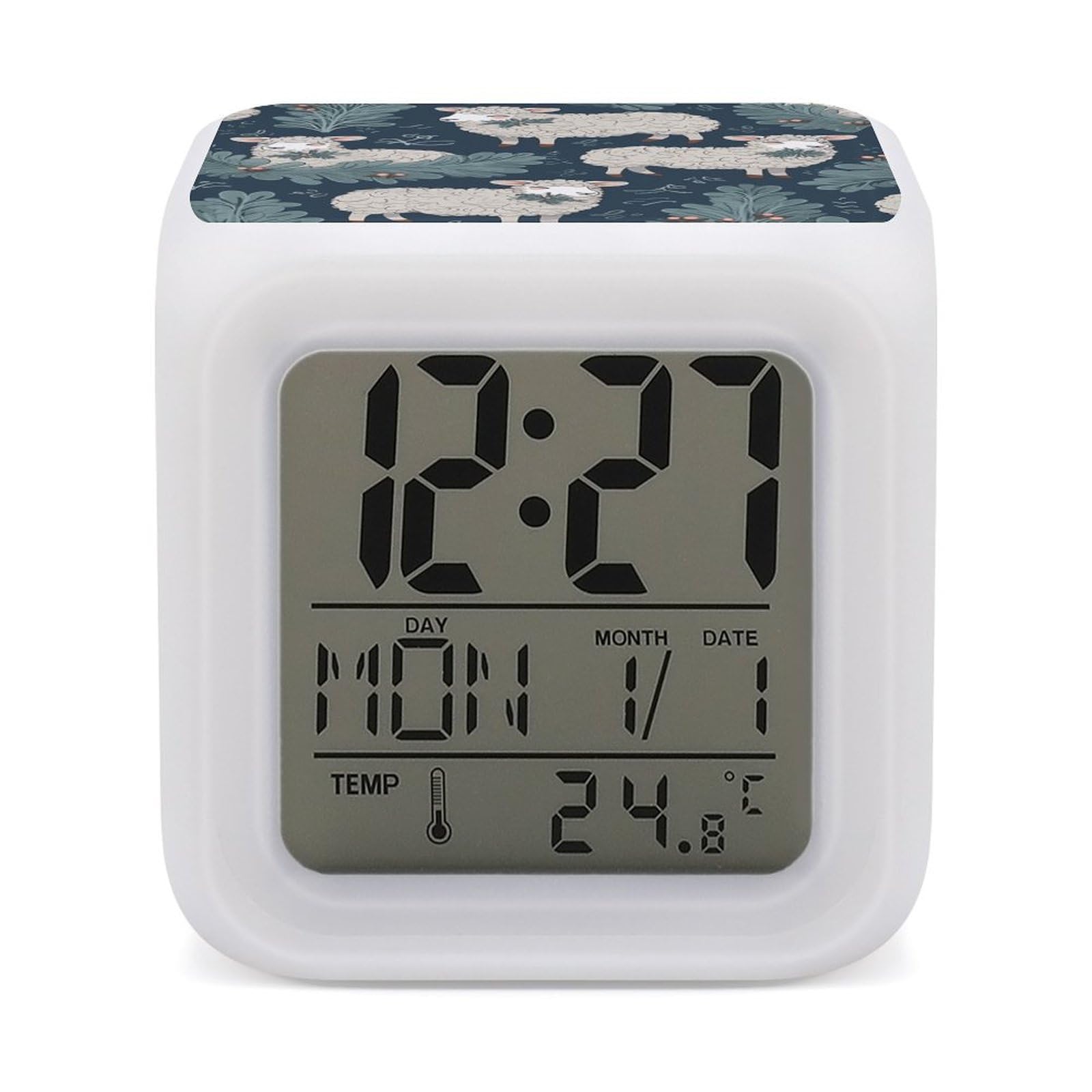 JTREHY 7 Color Changing LED Digital Alarm Clock,Sheep and Holly Tree Printed Wake-up Clock with Temperature Display Home Decoration Alarm Clock for Bedroom Office