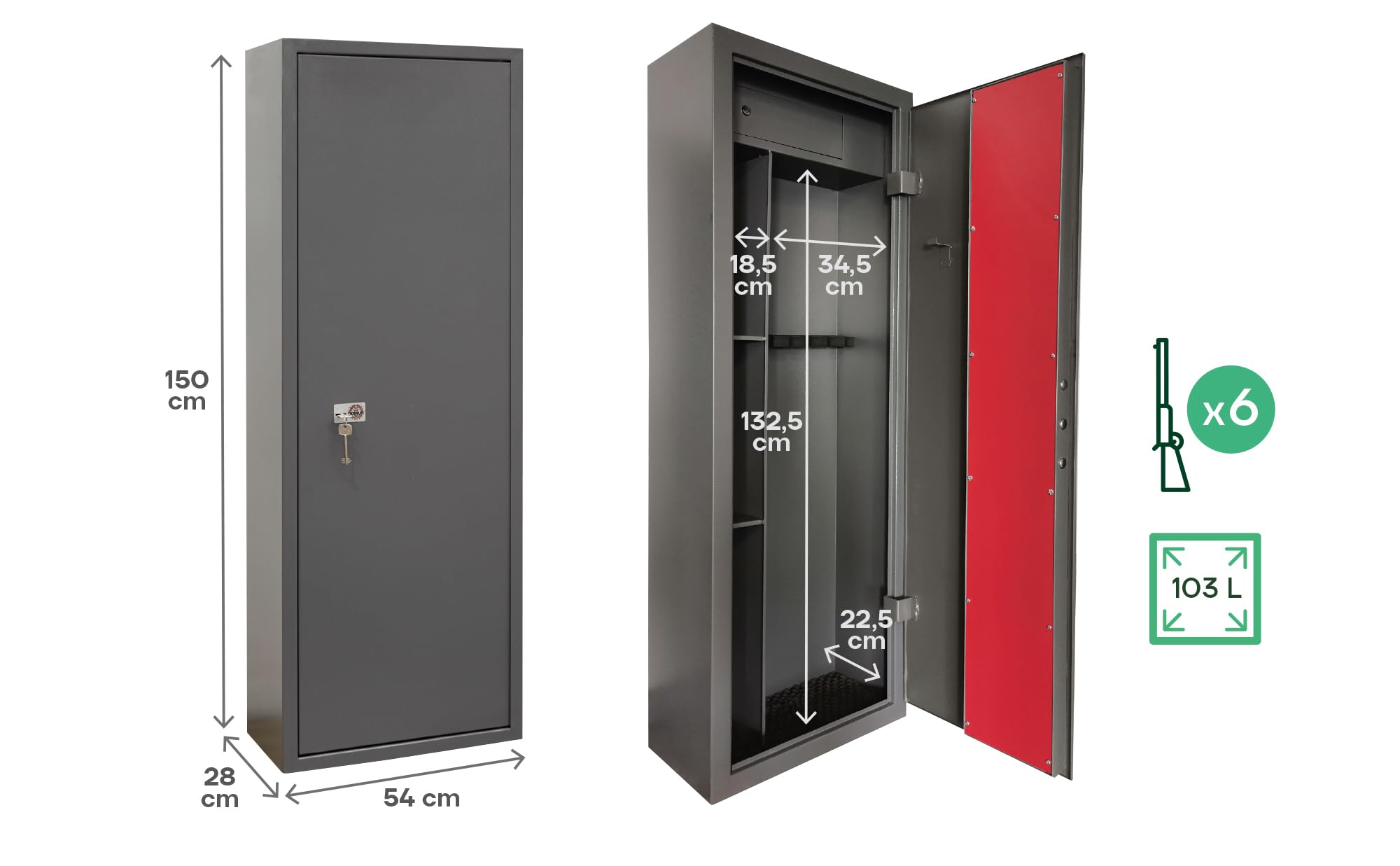 Domus ARM061350 Armadio Portafucili a 6 Posti con Tesoretto, Serratura a Chiave, Grigio Scuro