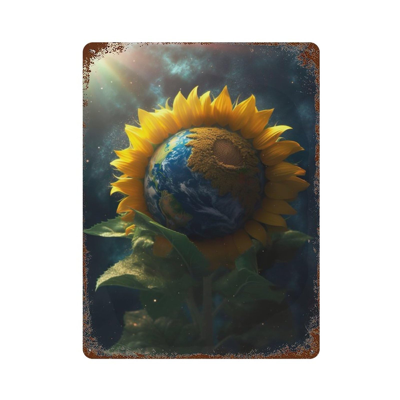 Garage Style Sunflower Earth Galaxy Sun Rustic Tin Plaque 15.7"x11.8", Classic Wall Plaque for Bar And Workshop