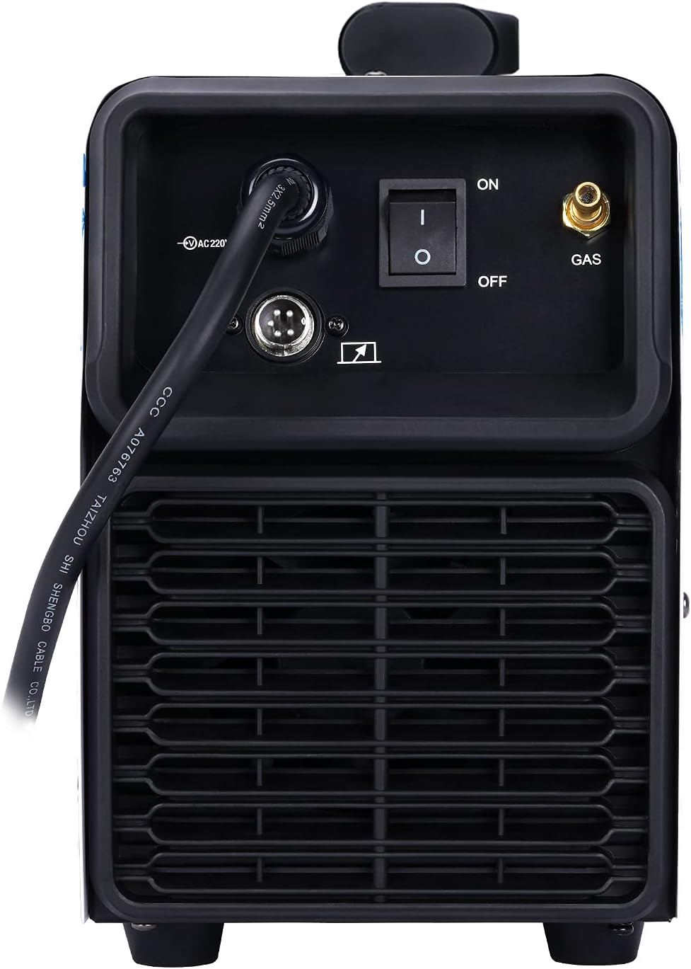 Задний view of the ANDELI TIG-250PE Welder showing power input and gas connection