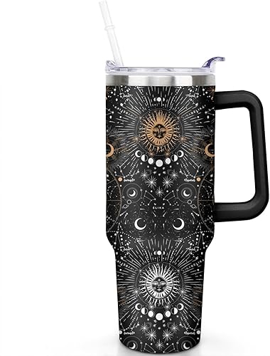 Vaso de 40 onzas con asa y pajita, taza de acero inoxidable de fase lunar extra grande con aislamiento al vacío de doble pared, taza de viaje,