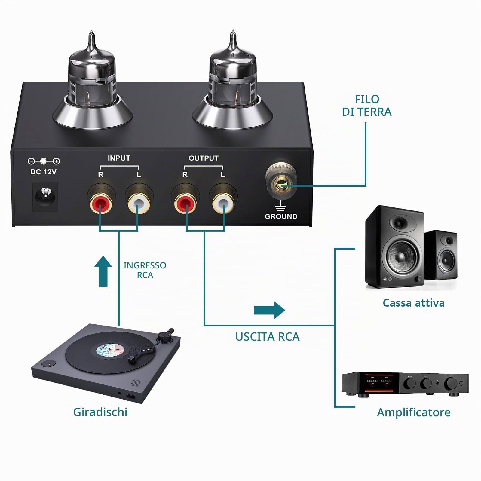 Preamplificatore Phono a Valvola con Tubo 6J2 per Giradischi MM, Design a Basso Rumore, Connettori RCA Oro, Alimentatore Certificato - per Sistema Hi-Fi Vinile