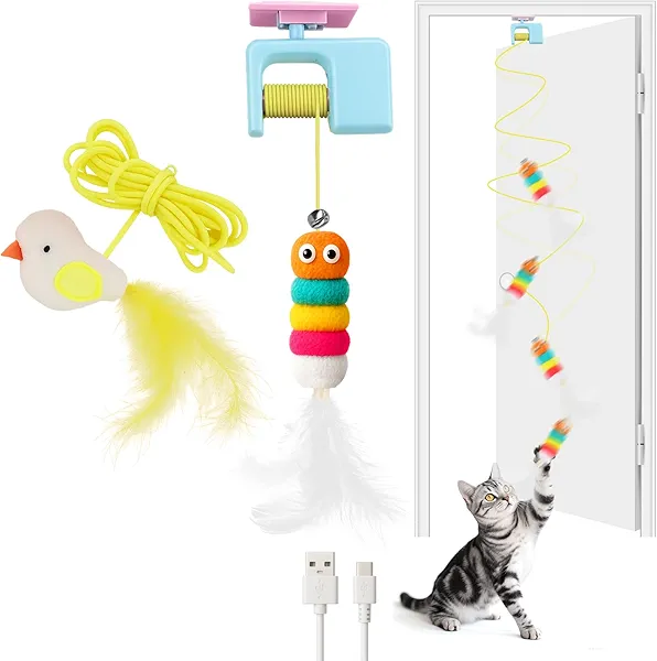 AIERSA Interactive Cat Toys for Indoor Cats,Automatic Cat Hanging Toys for Bored Indoor Adult Cats, Caterpillar and Flying Bird Toy for Door Frame, Self-Play Pet Chase Toy