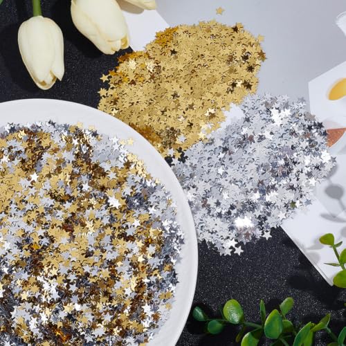 CABODYALS 1 Box 100G Silver Gold Glitter Plastic Small Stars Metallic Foil Sequins Hole Free Sparkling Mini Holographic Star Sequin Confetti Bulk Embellishment for Sewing Making Clothes Decoration - Image 4