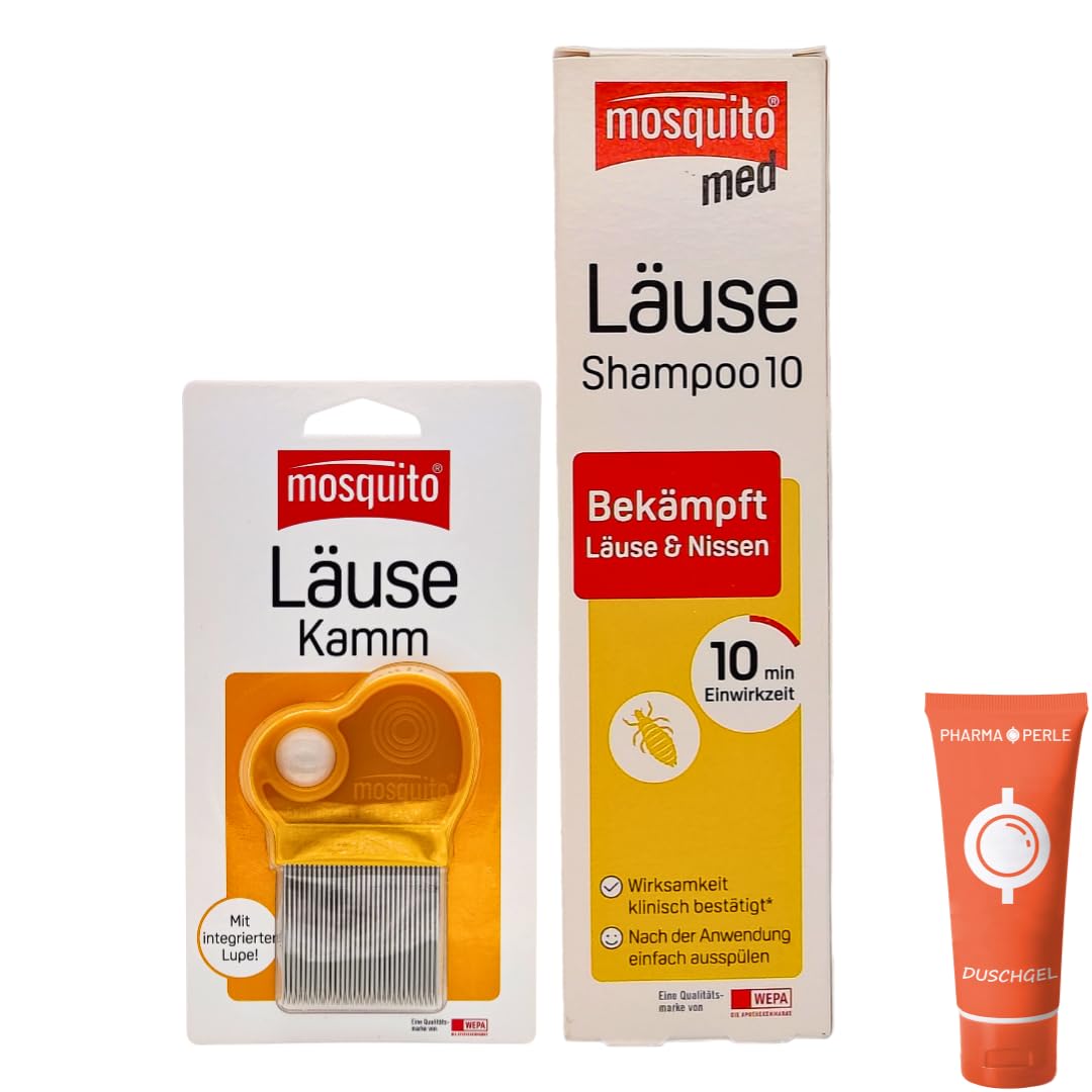 Mosquito med Läuse-Shampoo 10 100 ml + Mosquito Läuse-Kamm I Set zur Anwendung bei Läusen & Nissen I mit White-Oil I ab 1 Jahr I Haarpflege Set I mit Pharma Perle Duschgel