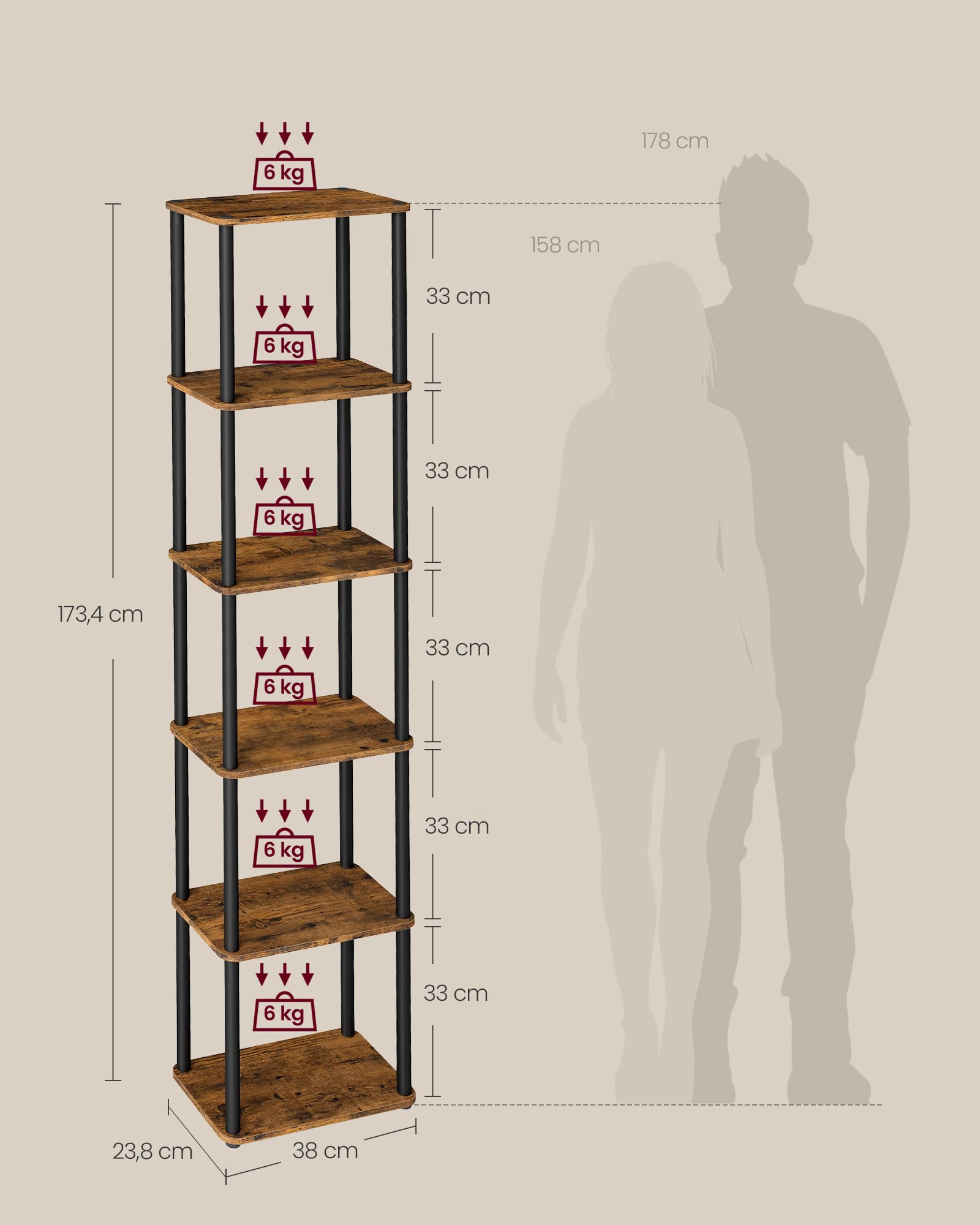 VASAGLE Montaje Súper Rápido sin Herramientas, Estantería de Almacenamiento de 6 Niveles, 23,8 x 38 x 173,4 cm, para Salón, Dormitorio, Cocina, Marrón Rústico y Negro Tinta LLS136K01
