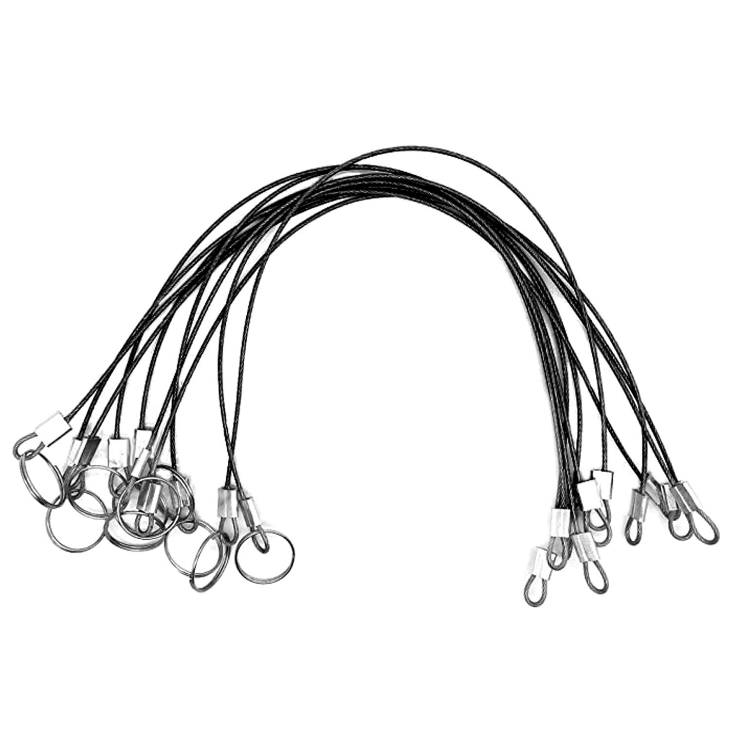 MIZUGIWA Stainless Steel Lanyard Cable,Tether Safety Wire for Loss Prevention 2 Loops w/Quick Release Ring & Rubber Coating 12",Silver/Black, Set of 10