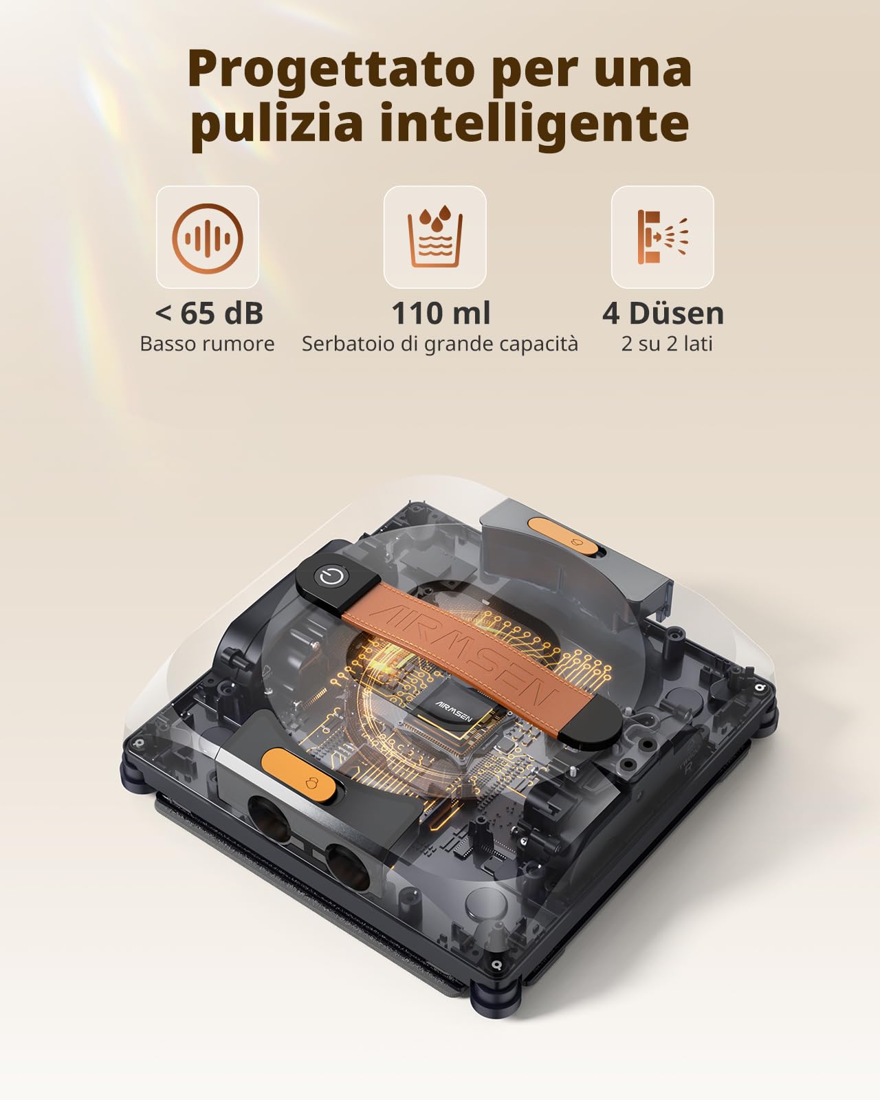 AIRMSEN YW733 Robot lavavetri, pianificazione automatica, 4 modalità di pulizia, 4 ugelli spray, serbatoio grande da 110 ml, 6000 Pa, antiscivolo, per finestre, vetri doccia & specchi