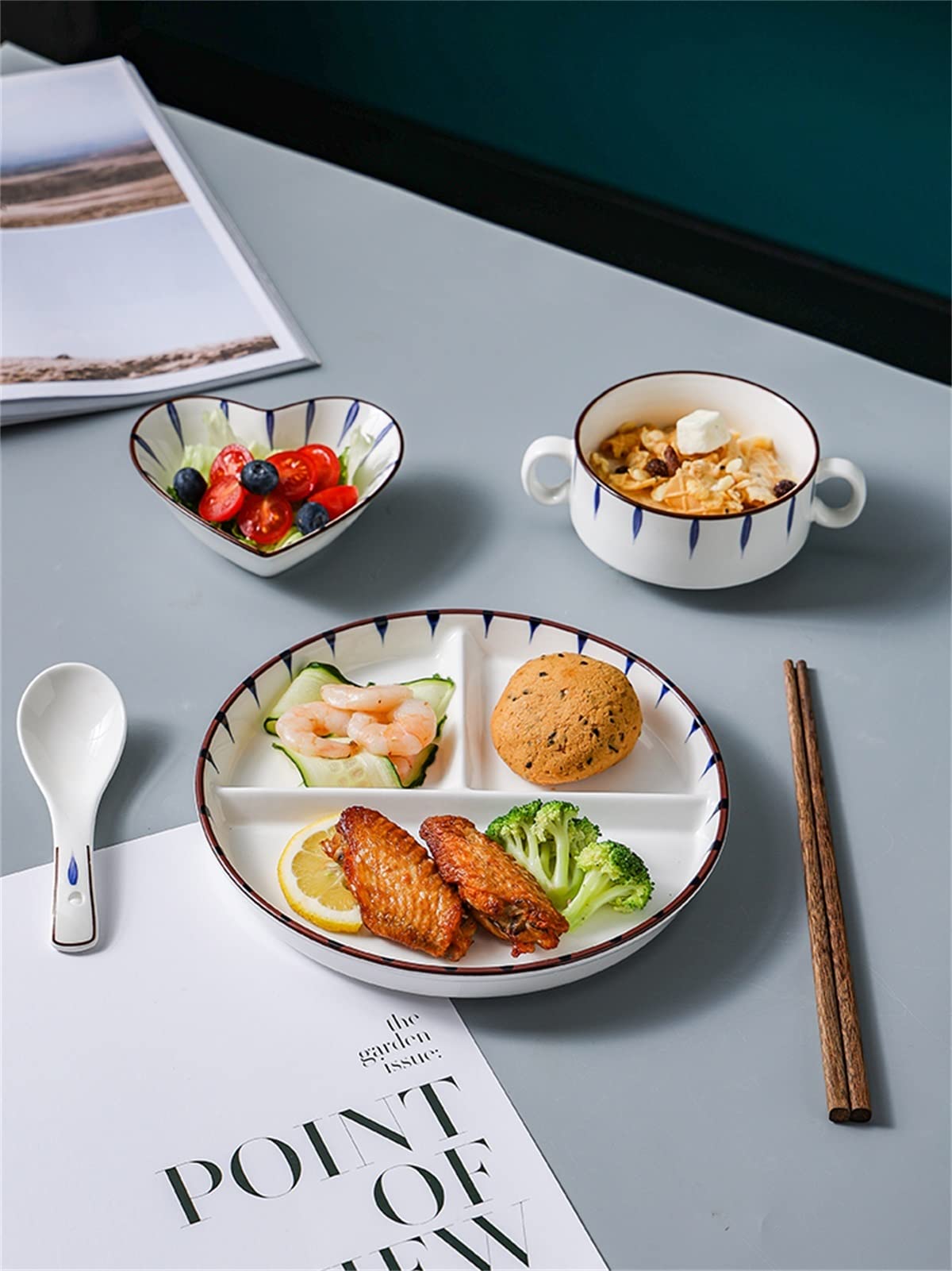 Lot de 6 assiettes de contrôle des portions avec couverts, vaisselle en céramique sans BPA, bol et tasse, passe au lave-vaisselle, idéal pour les adultes, assiettes de service avec compartiment de 8