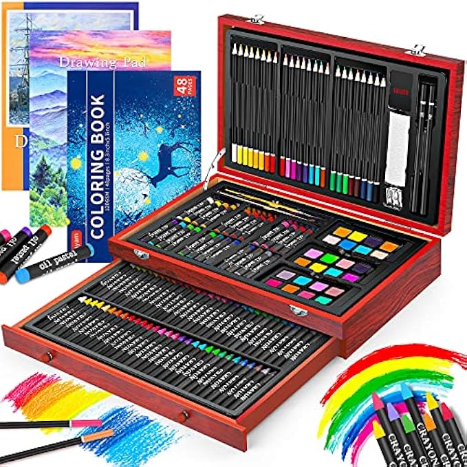 Art Supplies, iBayam 150-Pack Luxury Wooden Art Set Crafts Painting Kit with 1 Coloring Book, 2 Sketching Pads, Creative Gift Box for Adults, Artist Beginner Kids Girls Boys
