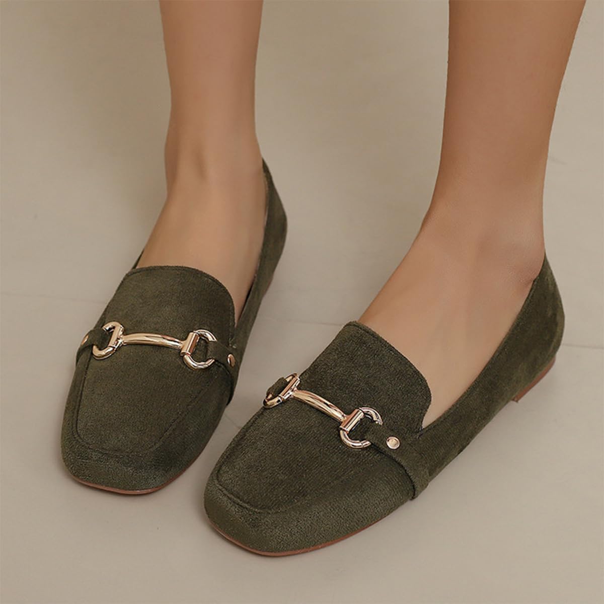 Mocasines Mujer Ante Punta Cuadrada Planos Sin Cordones