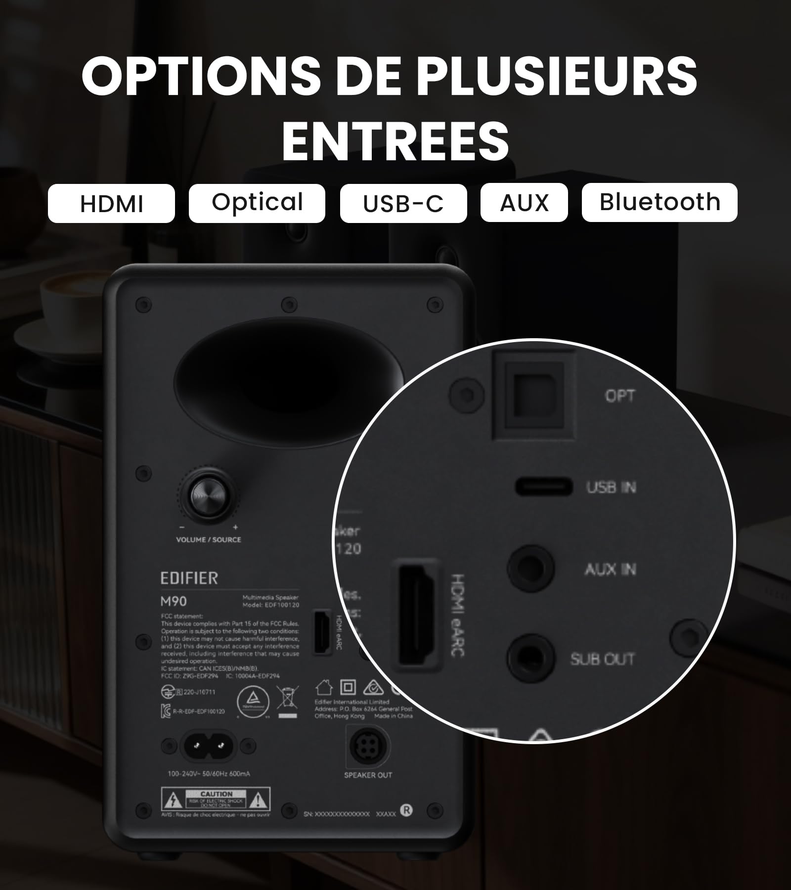 Edifier M90 Enceintes de bibliothèque, 100W RMS, Hi-Res Audio, LDAC, Bluetooth 6.0, HDMI eARC, Optique, USB-C, AUX, Sortie Caisson, télécommande-Noir