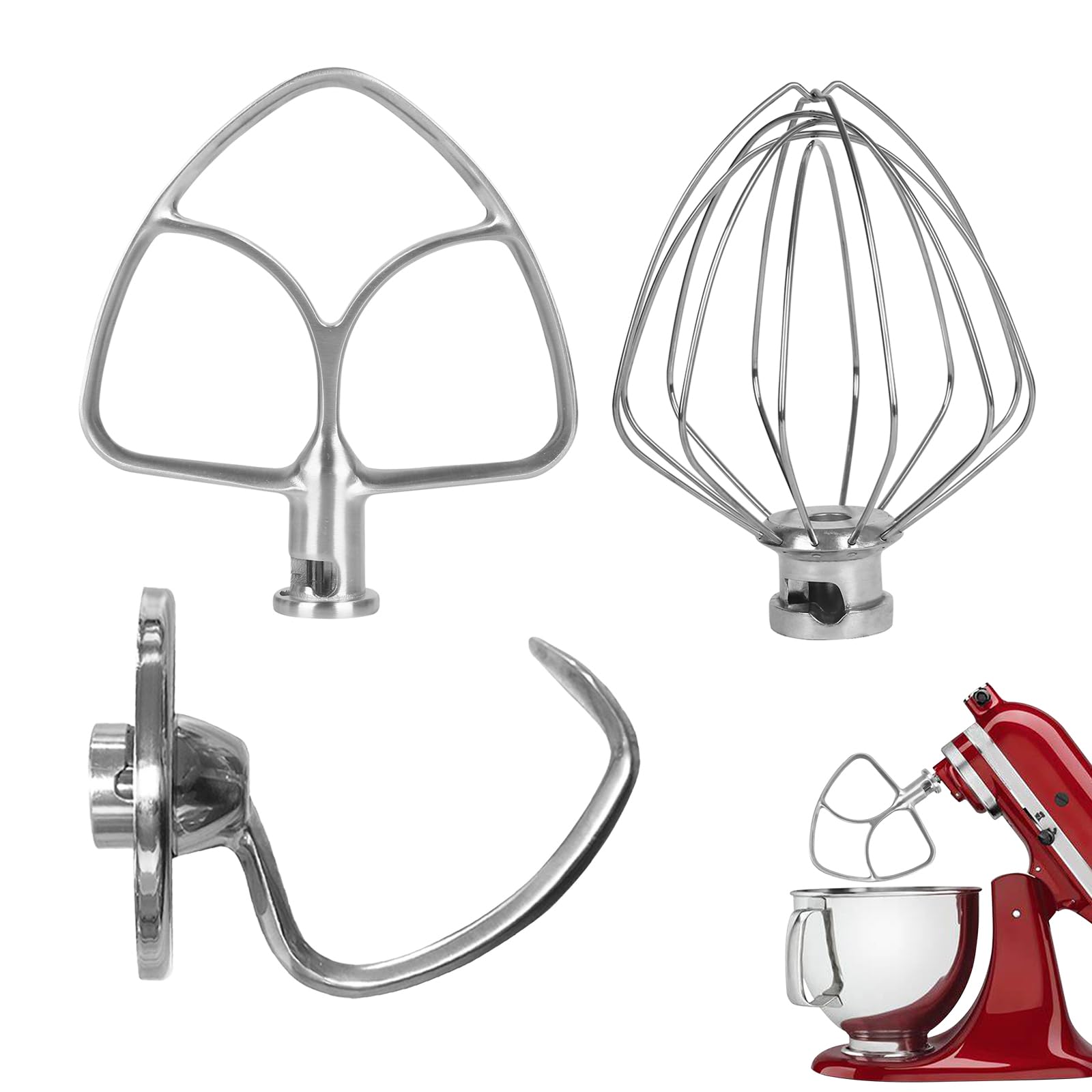 3PCS Batidor Varillas Espuma y Gancho Amasar Acero inoxidable para Artisan y Classic Serie 4,5 – 5 Quart