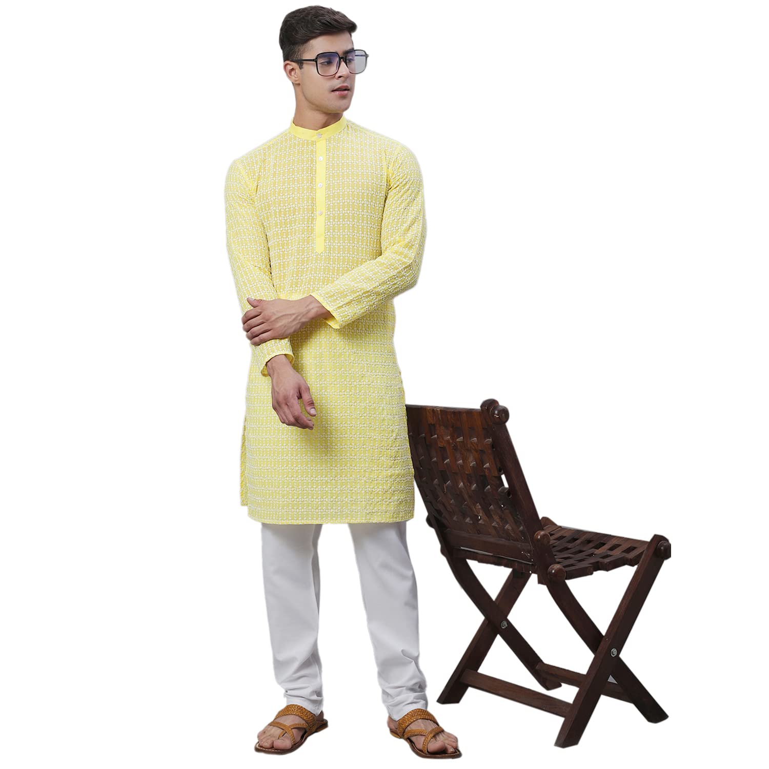 (Since 1958 Men's Pure Cotton Blue Kurta with White Embroidery and White Pyjama Set-image-20