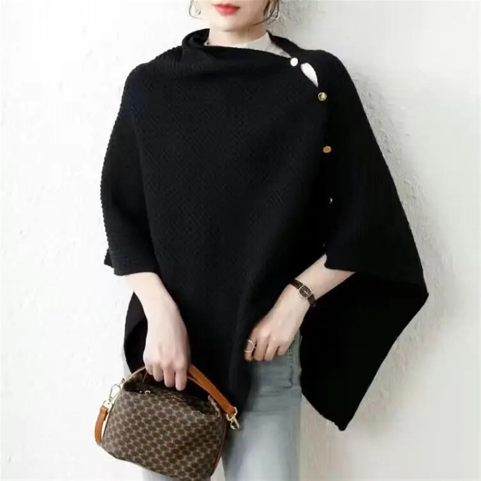 Poncho in Maglia da Donna Sciarpa Calda Lavorata a Maglia Tinta Unita, Spessa, Monopetto, Scialle, Mantello da Donna, Aperto sul Lato, Cardigan Intrecciato, Poncho