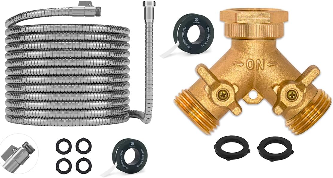 Morvat 50 Foot Stainless Steel Hose Plus All Brass Hose Splitter