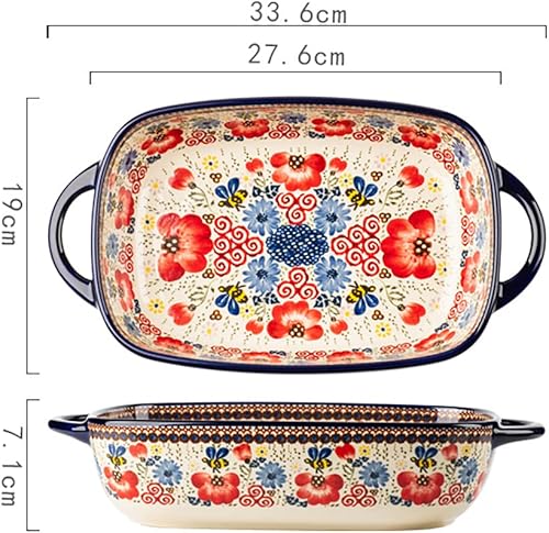Miniatura 7 de Bicuzat Cacerola de cerámica para hornear con diseño de flores azules y naranjas con asas para horno, cocinacocina, 1 unidad, 32 onzas