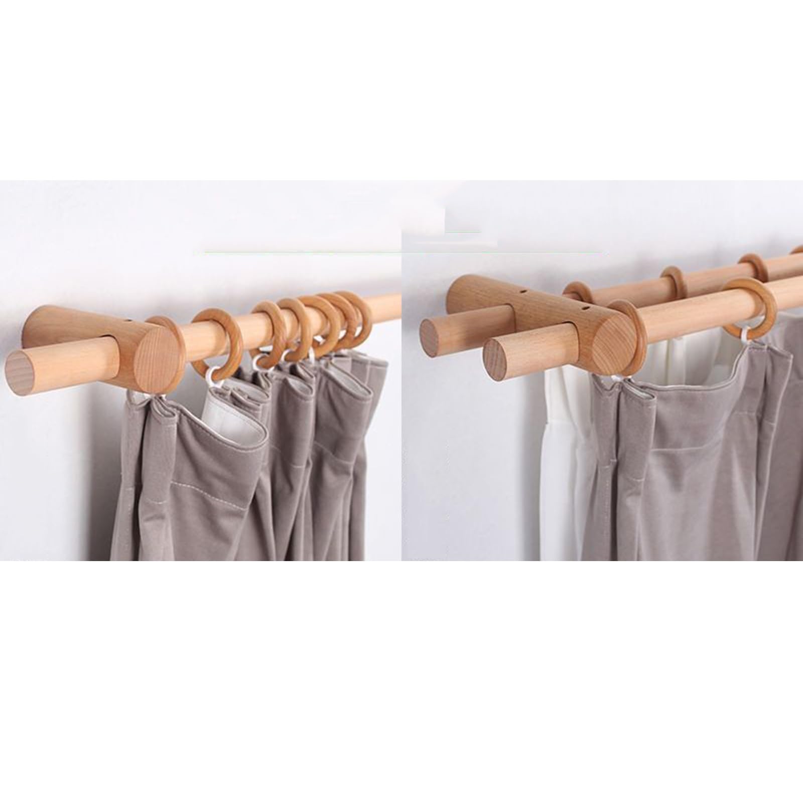 Tringle à Rideau en Bois Massif, Tige Romaine épaissie for éviter la déformation, Tige Simple et Double, Accessoires de Perforation et d'installation en Option(130CM,Double Pole)