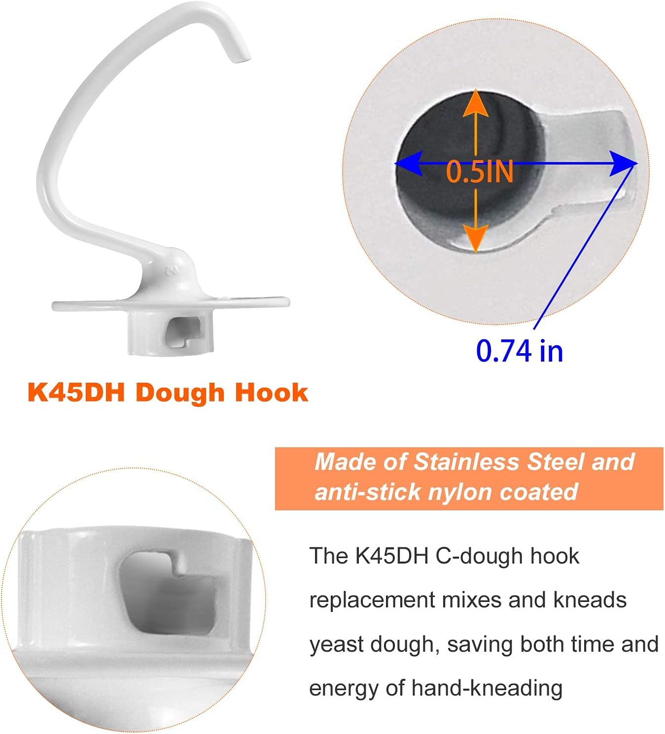 Kitchen Mixer Attachment K45DH Coated Dough Attachment for K45 K45SS KSM90 KSM150 Tilt-Head Stand Mixers, 4.5/5.0 Quart Bowel