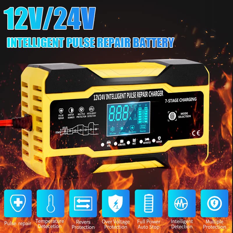 Chargeur Batterie Voitures Chargeur de batterie de voiture 12V 10A/24V 5A Protection multiple Automobiles chargeur de batterie de réparation d'impulsion Intelligent entièrement automatique Chargeur De
