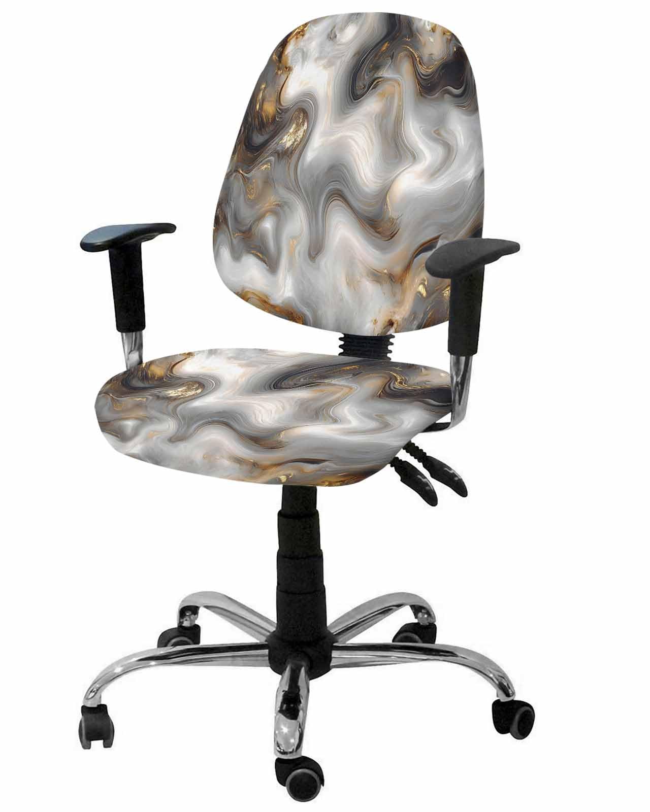 Black Gray Marble 2 Pieces Computer Office Chair Covers Set,Stretchable Desk Rotating Chair Seat Cushion Slipcover Back Covers,Modern Abstract Golden White Texture Slipcover Back Cover Protector Cover