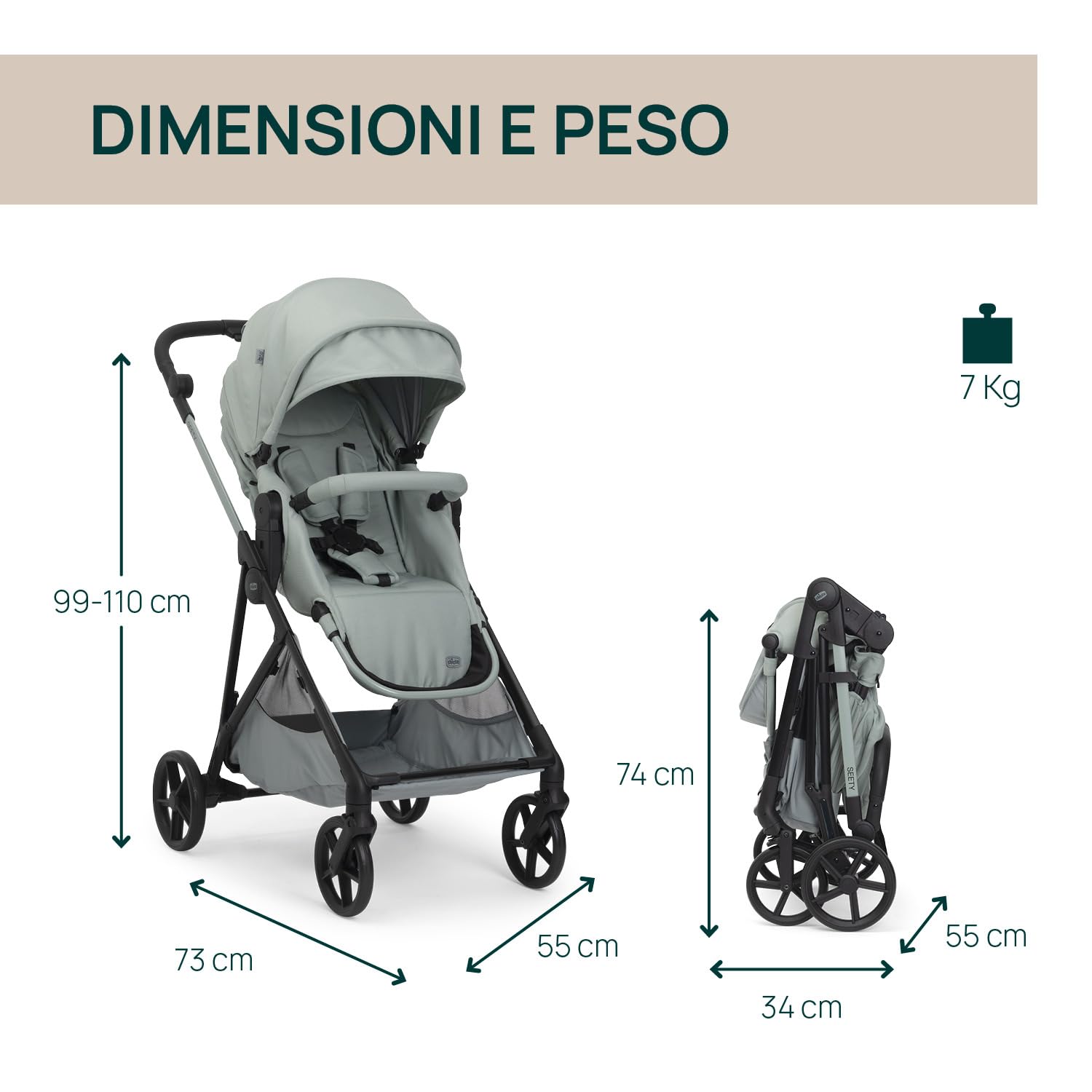 Chicco Passeggino Seety, Passeggino Leggero e Compatto Da 0 Mesi a 4 Anni, Portata Max 22kg, Passeggino Pieghevole, Schienale Reclinable,Chiusura Automatica in 1 Gesto, Capotte Parasole e Parapioggia