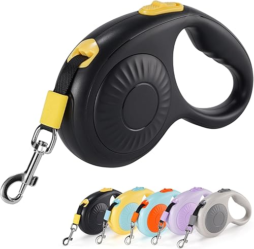 JSXD Correa retráctil para perro de 360 sin enredos con freno con una sola mano, pausa, bloqueo, cinta de nailon resistente de 10 pies para