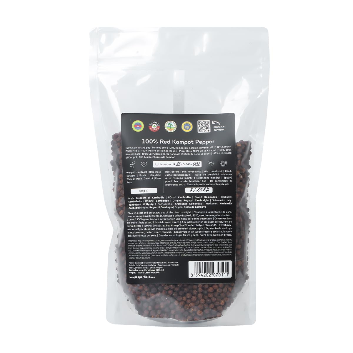 Pepper Field Kampot roter Pfeffer - doypack Pfeffer Rot, Premium Roter Pfefferkörner Ganz aus Kambodscha, Ganze Pfefferkörner für Mühle & Küche, Great Taste, Ideal zum Kochen & Grillen (500g)