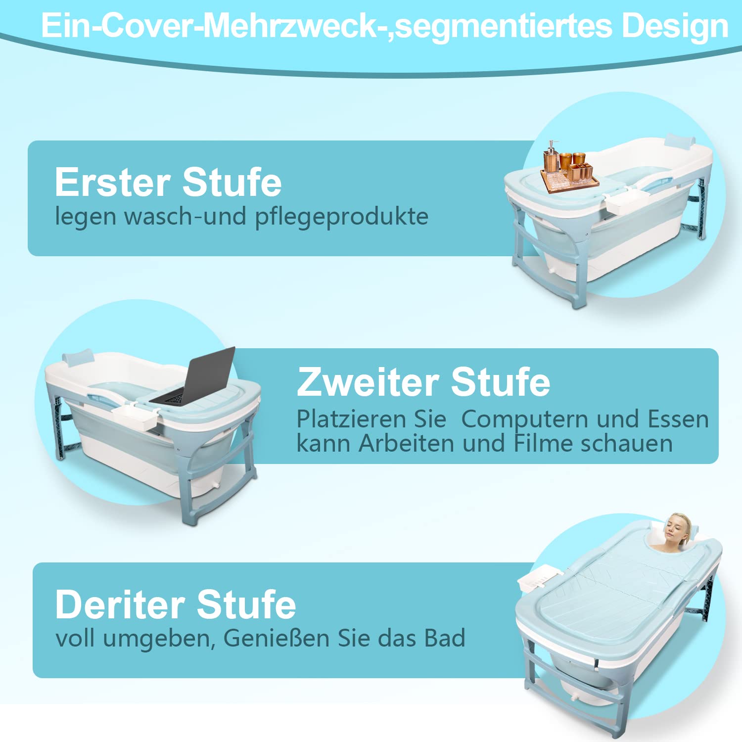 Daromigo 149 x 60 x 50 cm XXL plegable bañera para adultos, bañera portátil plegable móvil con cubierta y rodillos de masaje, bañera móvil plegable para adultos para baño, ducha y balcón