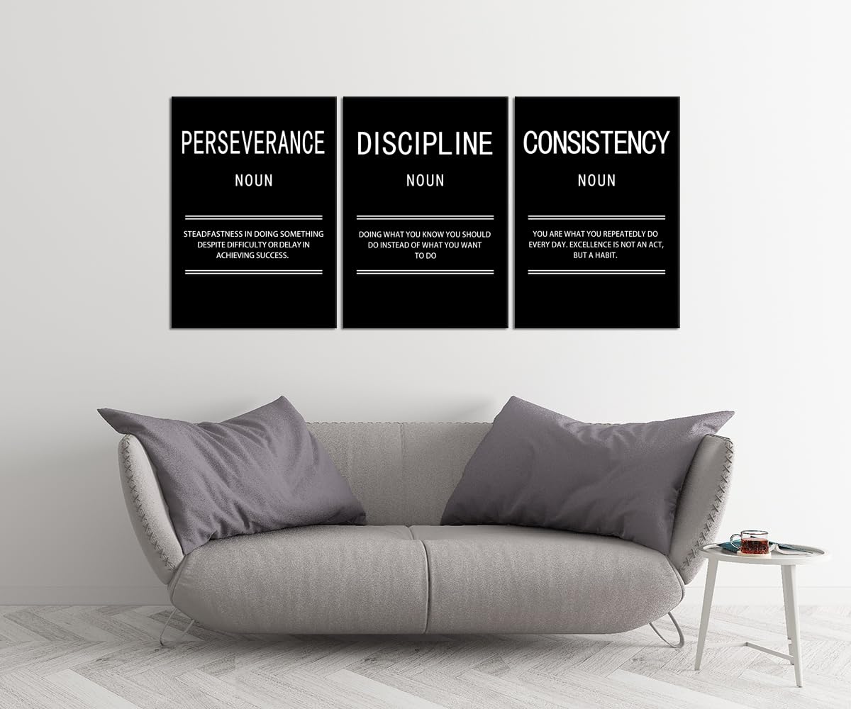 3 Panel Inspirational Canvas Perseverance Discipline Consistency Print Wall Art Motivational Poster Painting Modern Inspiring Artwork For Home Living Room Office Decor Ready To Hang [60''Wx 28''H