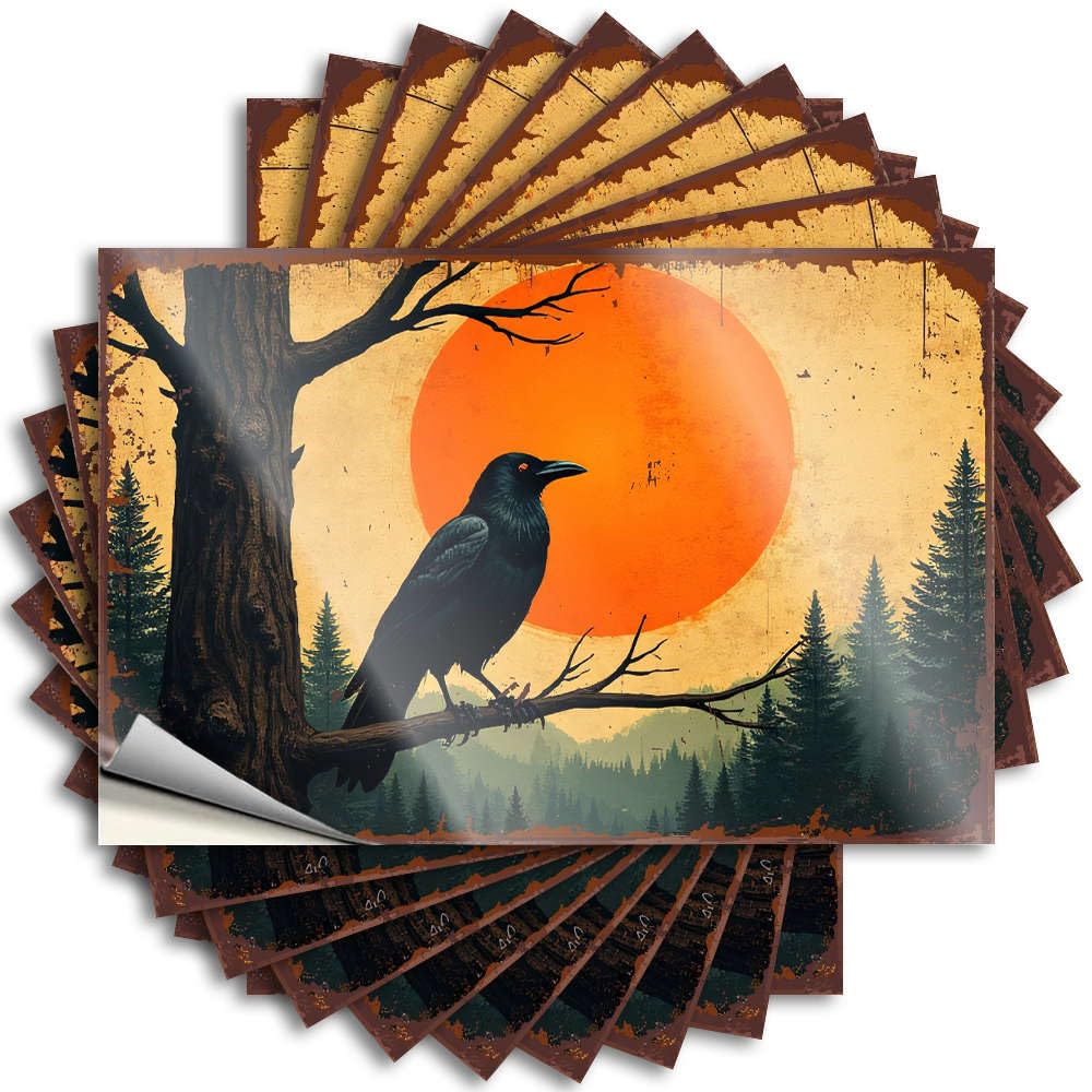 Sticker Outdoor Patio Decor Easy Apply | A Crow Perches On A Branch Against A Backdrop of an Orange Sun and Forest. Winter Cover Peel and Stick(6X9CM)