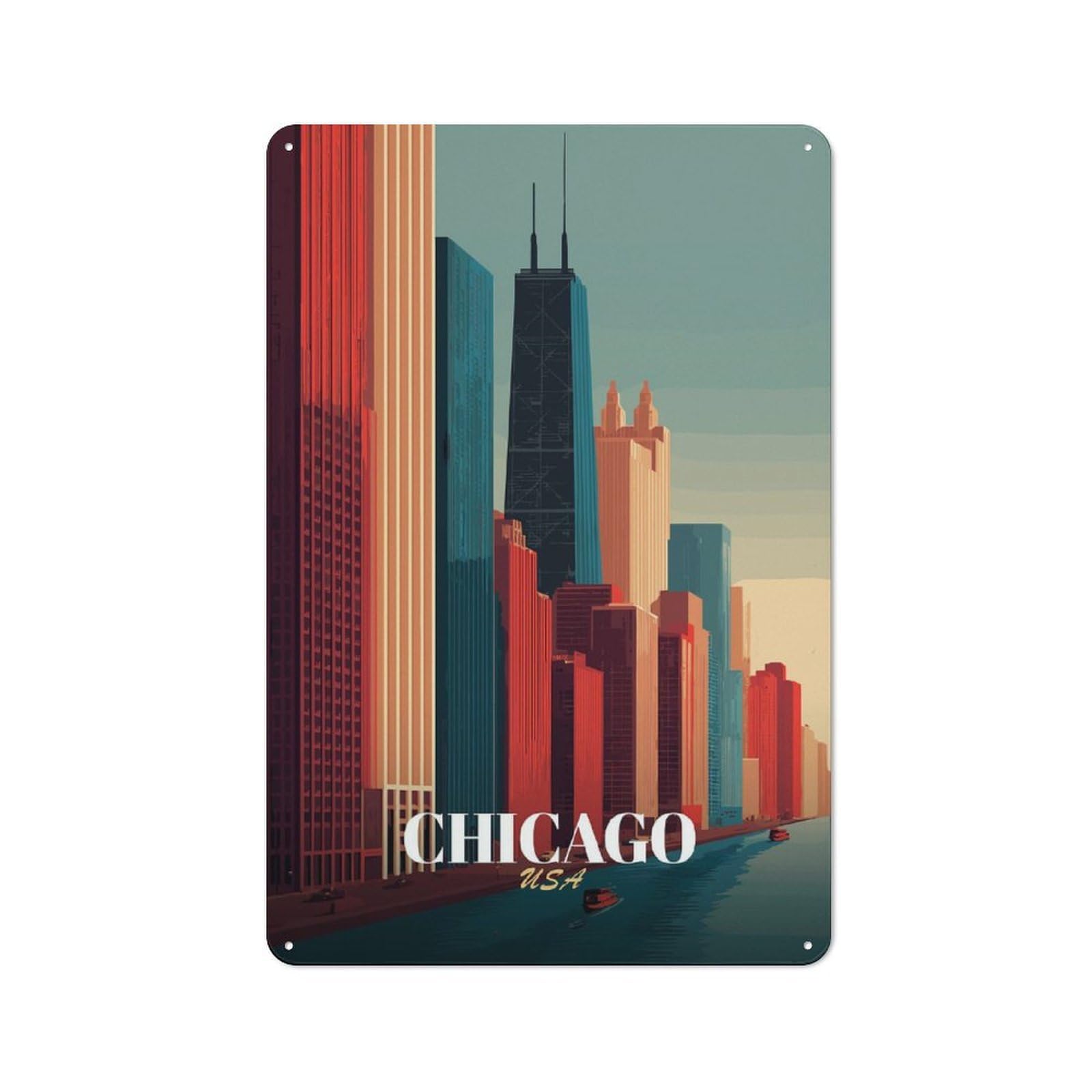 Junmoney Style-13 Chicago Skyline Art Deco Style Farmhouse Metal Sign 30X20cm, Rustic Country Wall Plaque For Farmhouse Kitchen, Pantry Or Dining Area
