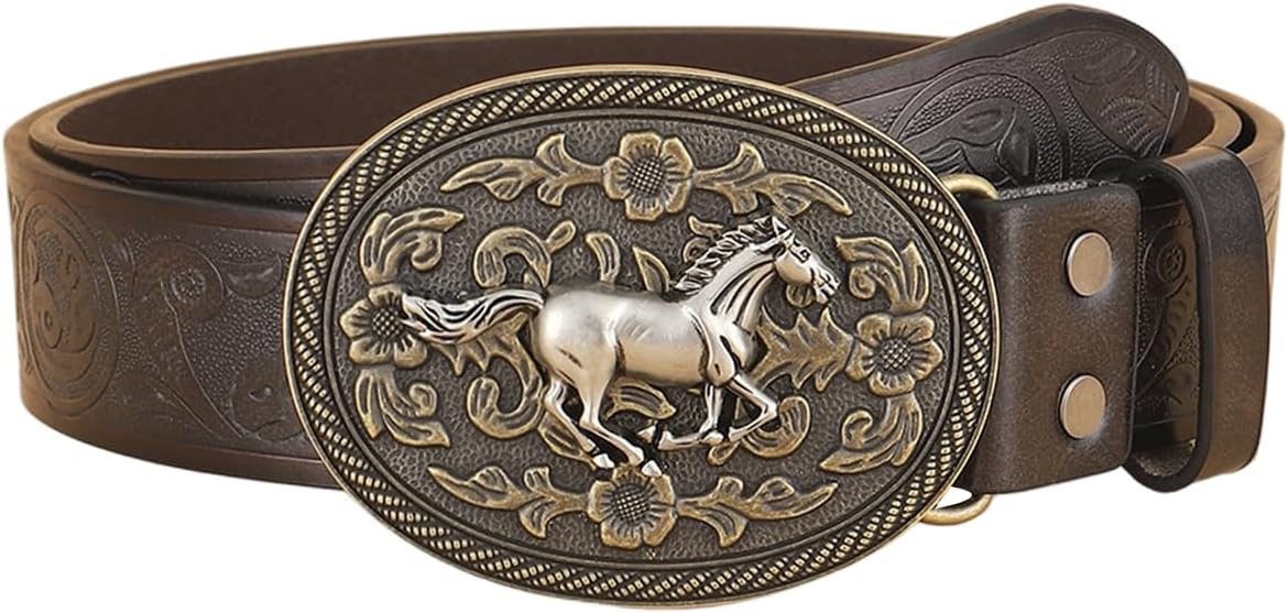 BEAUDRM Women's Retro Vintage Western Country Belt Metal Buckle Faux Leather Floral Waist Belts