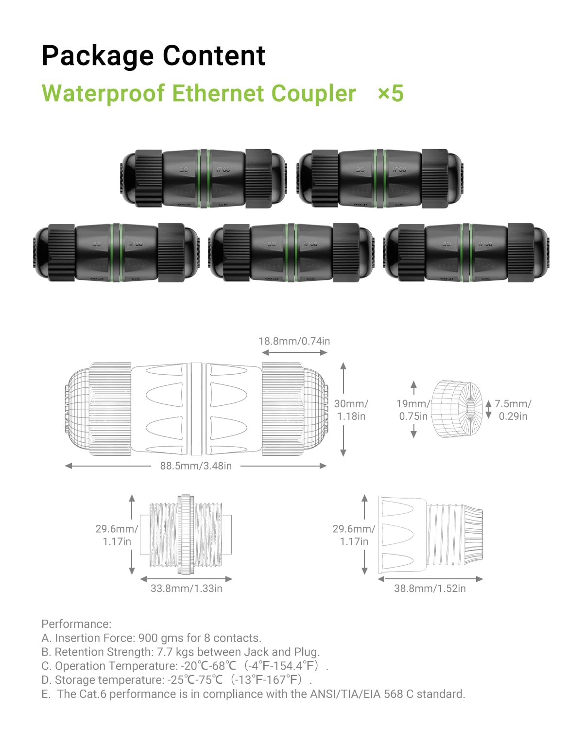 Lot de 5 coupleurs RJ45 étanches femelle vers femelle, IP68 connecteurs Ethernet blindés extérieurs pour câbles réseau CAT6/CAT5E/CAT5
