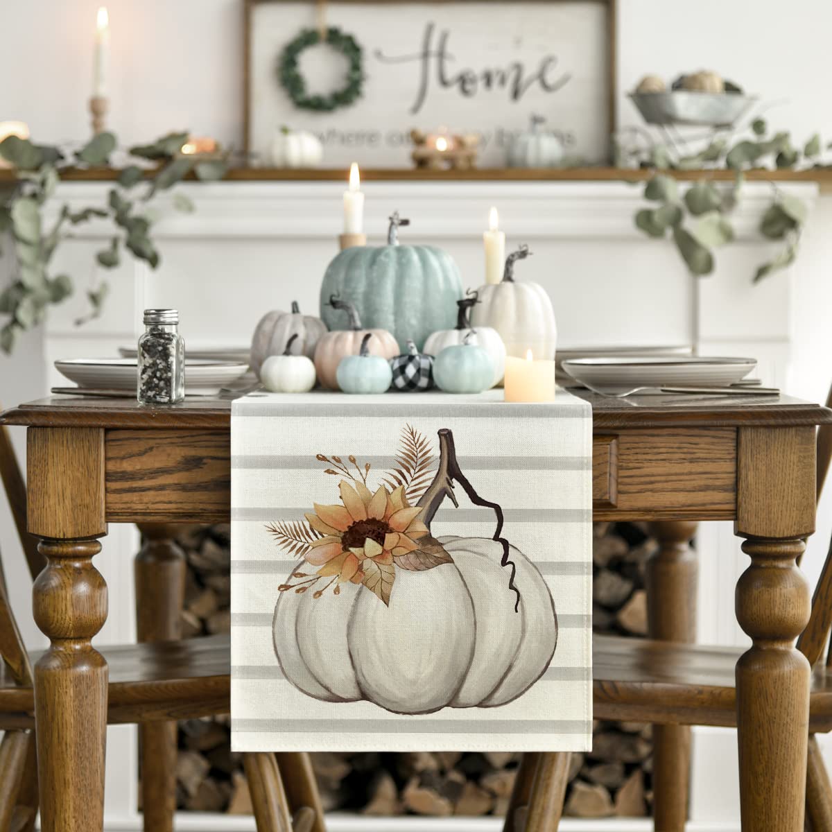 Artoid Mode Stripes Pumpkin Sunflower Leaves Fall Table Runner, Seasonal Autumn Kitchen Dining Table Decoration for Outdoor Home Party 13x90 Inch