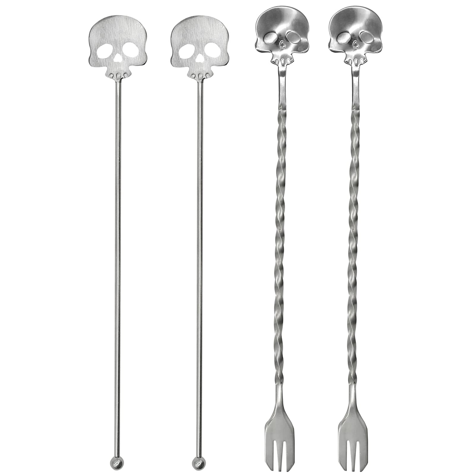 Pinenjoy 4Pcs Skull Swizzle Stick Bar Spoon Set Reusable Mixing Spoon 18/10(304) Stainless Steel Coffee Stirrer for Bar Home Halloween Party Stirring Cocktail Beverage Drinks