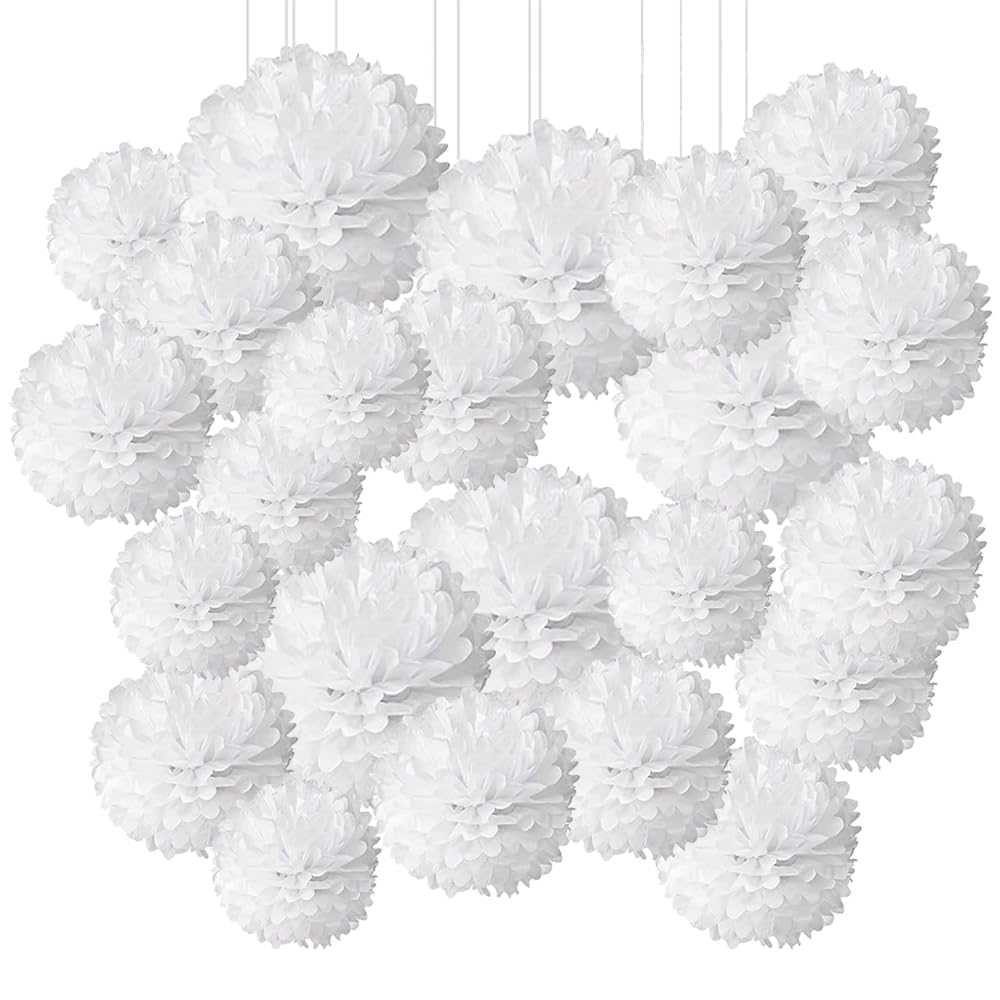 24 pompones decorativos blancos, pompones de papel de seda, farolillos, pompones de panal de abeja, juego de decoración blanco para bodas, celebraciones, cumpleaños, fiestas escolares, fiestas