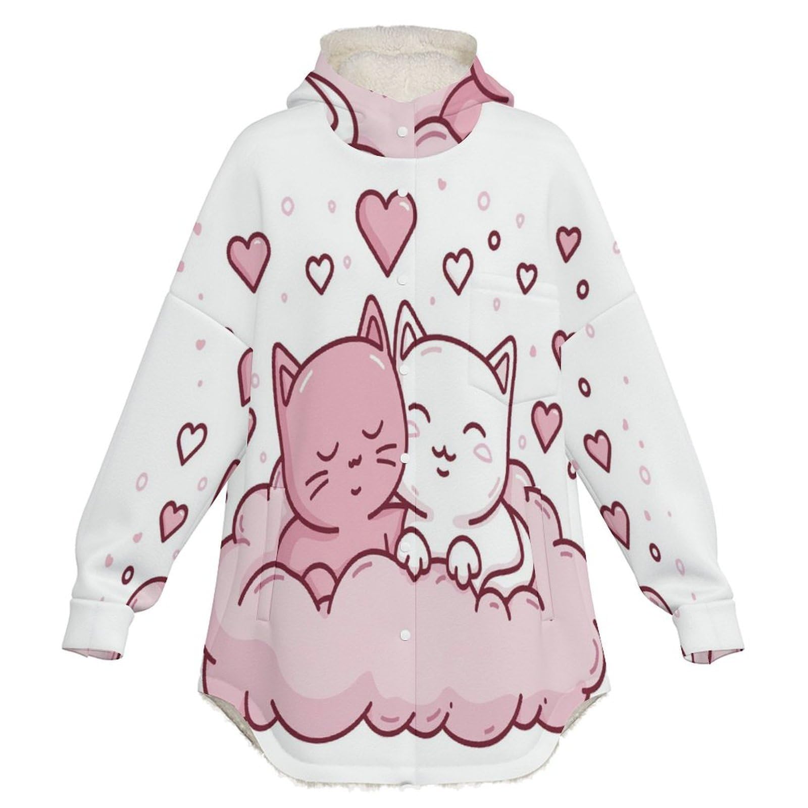 Sudadera Invierno con Capucha de Forro Polar Mujer Gato Enamorado Cálido Hoodies a Manga Larga Felpa Sudadera con Bolsillos, Rosa