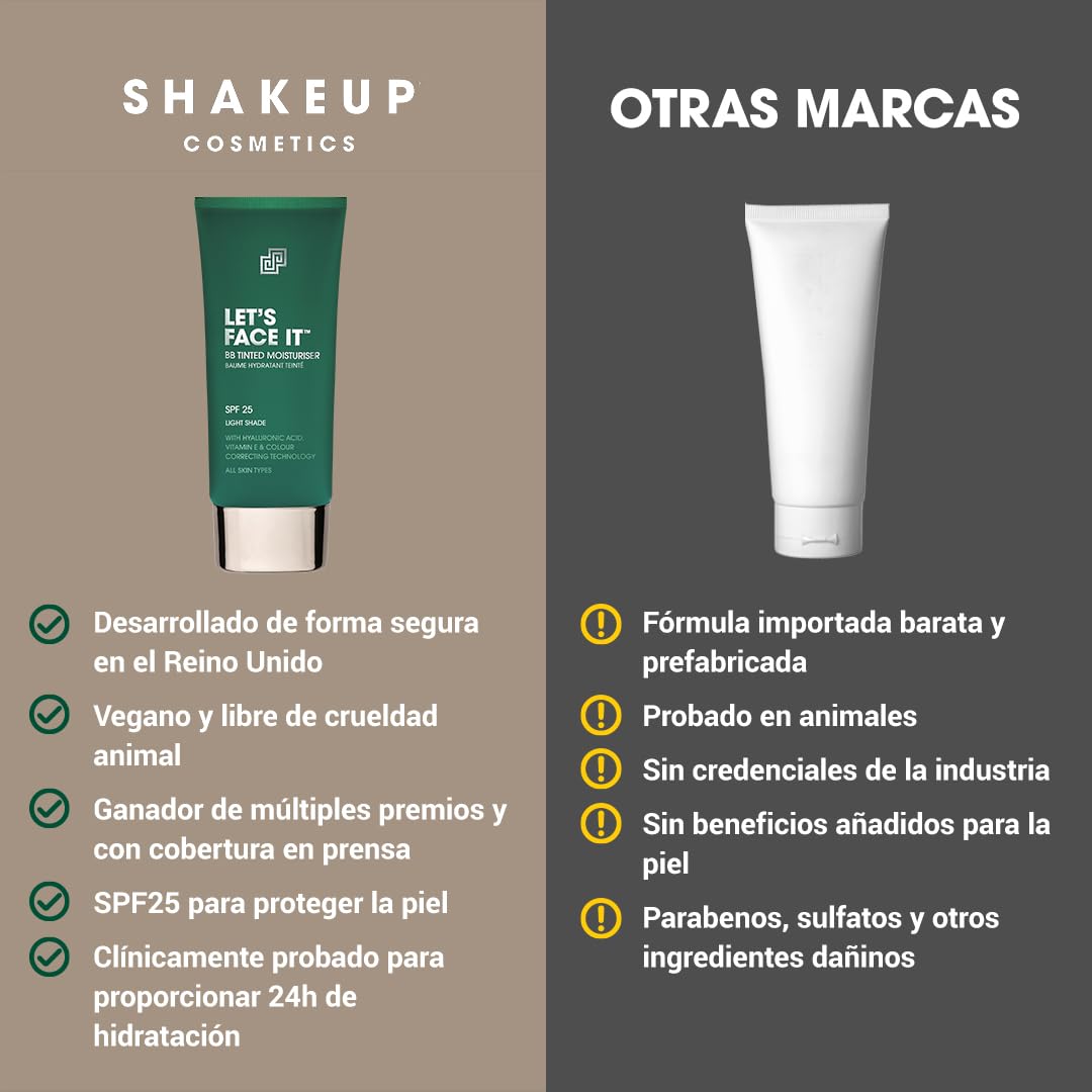 Shakeup Cosmetics BB Cream Hombre, Crema Hidratante con Color y SPF25, Cobertura Natural para Rojeces e Imperfecciones, Maquillaje Masculino Vegano, Hidratación 24h, Tono Medio, 50 ml, LET'S FACE IT