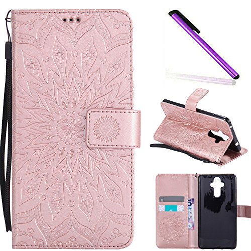 COTDINFOR Huawei Mate 9 Funda Flores Cierre Magnético Billetera con Tapa para Tarjetas de Cárcasa Elegante Retro Suave PU Cuero Caso Protectora Case para Huawei Mate 9 Sunflower Rose Gold KT