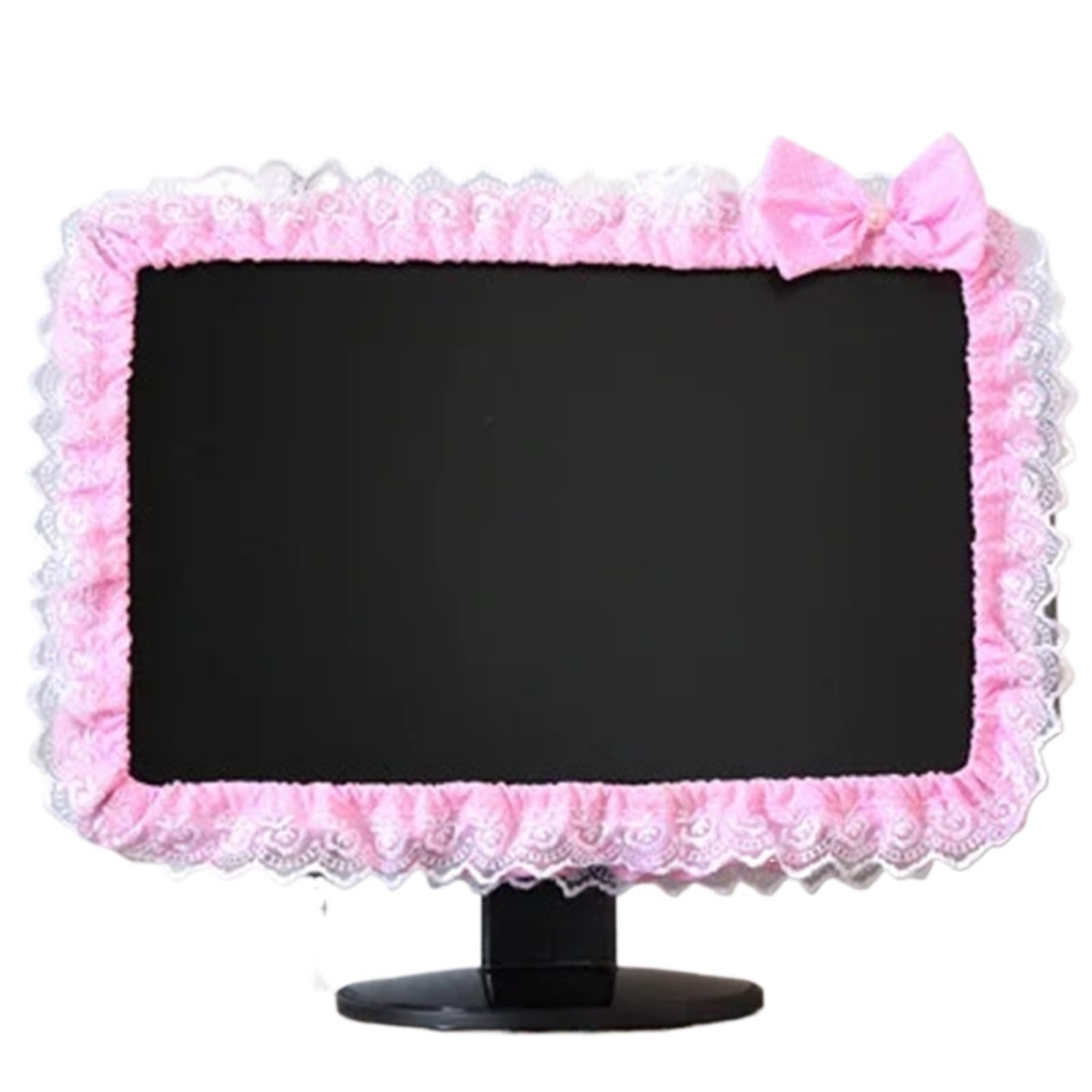 Monitor Cover 2pcs Lace Fabric Computer Frame Cover Monitor Screen Dust Bow Home Decorations(Pink)
